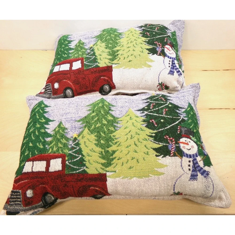 Christmas Holiday Tapestry Pillows 12 x 18 Snowman Pick Up Truck Christmas Trees